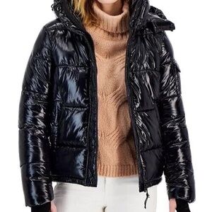 S13 Womens Ella Lacquer Hooded Down Puffer Coat Onyx Black NWT Size Medium